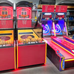NBA Game Time basketball games and Ice Ball FX LED skeeball arcade game ready for rent Bat Mitzvah event