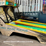 Classic Skee-Ball lane with custom branding ready for rental corporate event available from Video Amusement Las Vegas San Diego