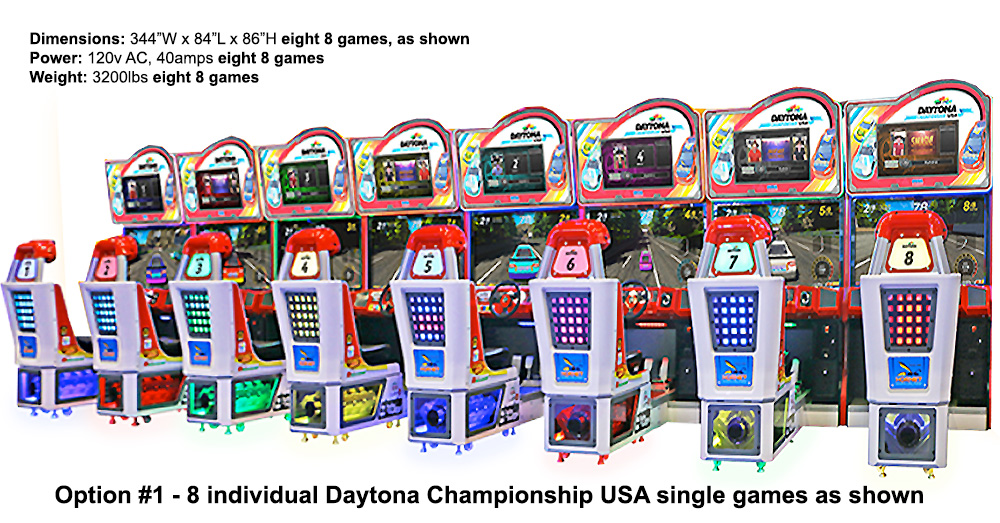 Daytona Championship USA 3 eight lionked racing simulator games available for your next corporate event rent or lease from Video Amusement Los Angeles San Diego