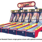 Five 5 individual Classic Skee-Ball Machines for rent with overhead custom marguee sign from Video Amusement San Diego