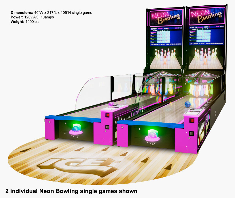 Neo Bowling portable arcade lanes from ICE Games available for lease hire or rent from Video Amusement Las Vegas Los Angeles
