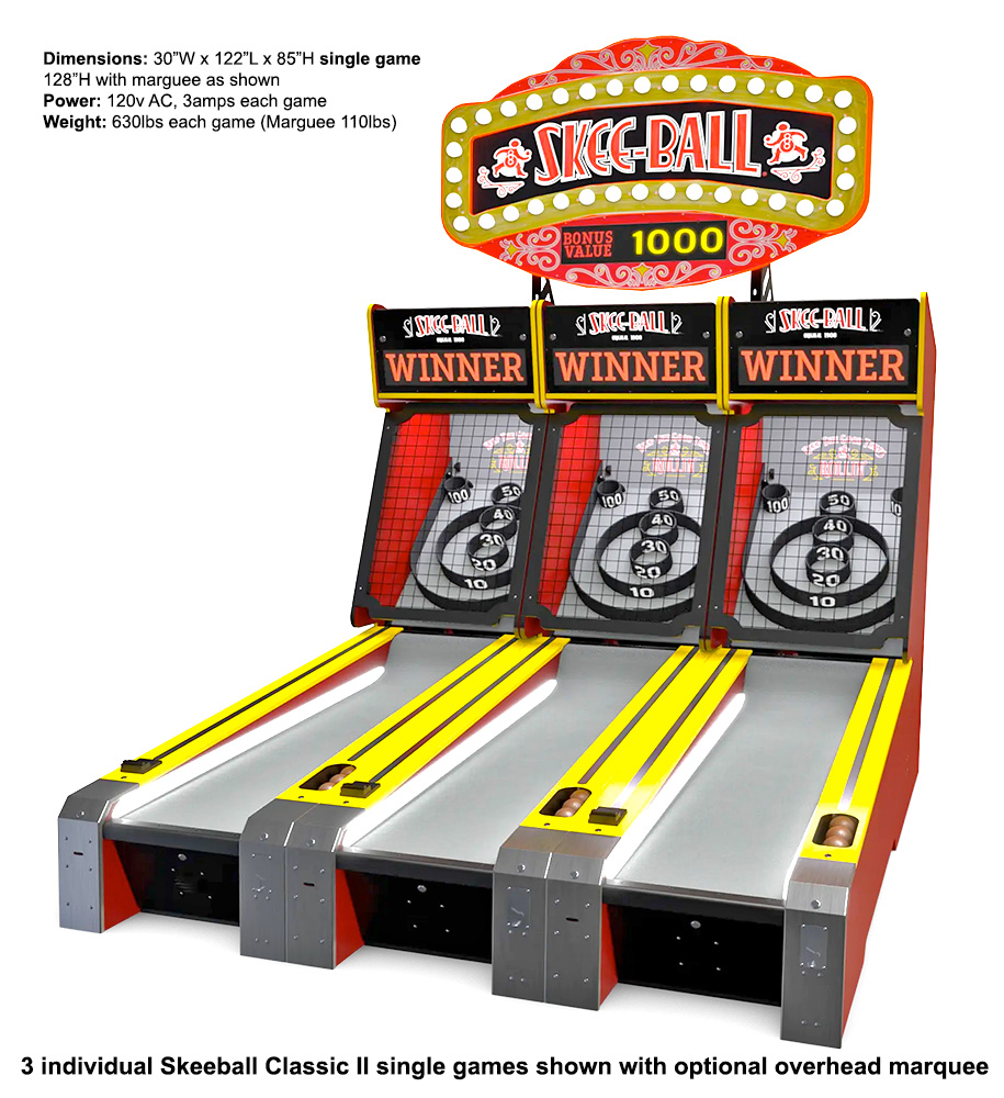 Skee-Ball Classic II 3 three linked games with optional marquee sign delivered from Bay Tech available for rent from Video Amusement San Francisco California