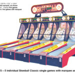 Five 5 individual Classic Skee-Ball Machines for rent with overhead custom marguee sign from Video Amusement San Diego San Francisco