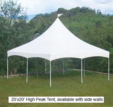High peak 20 x 20 tent available with side walls for rent delivered to your party or corporate event from Video Amusement San Francisco Los Angeles