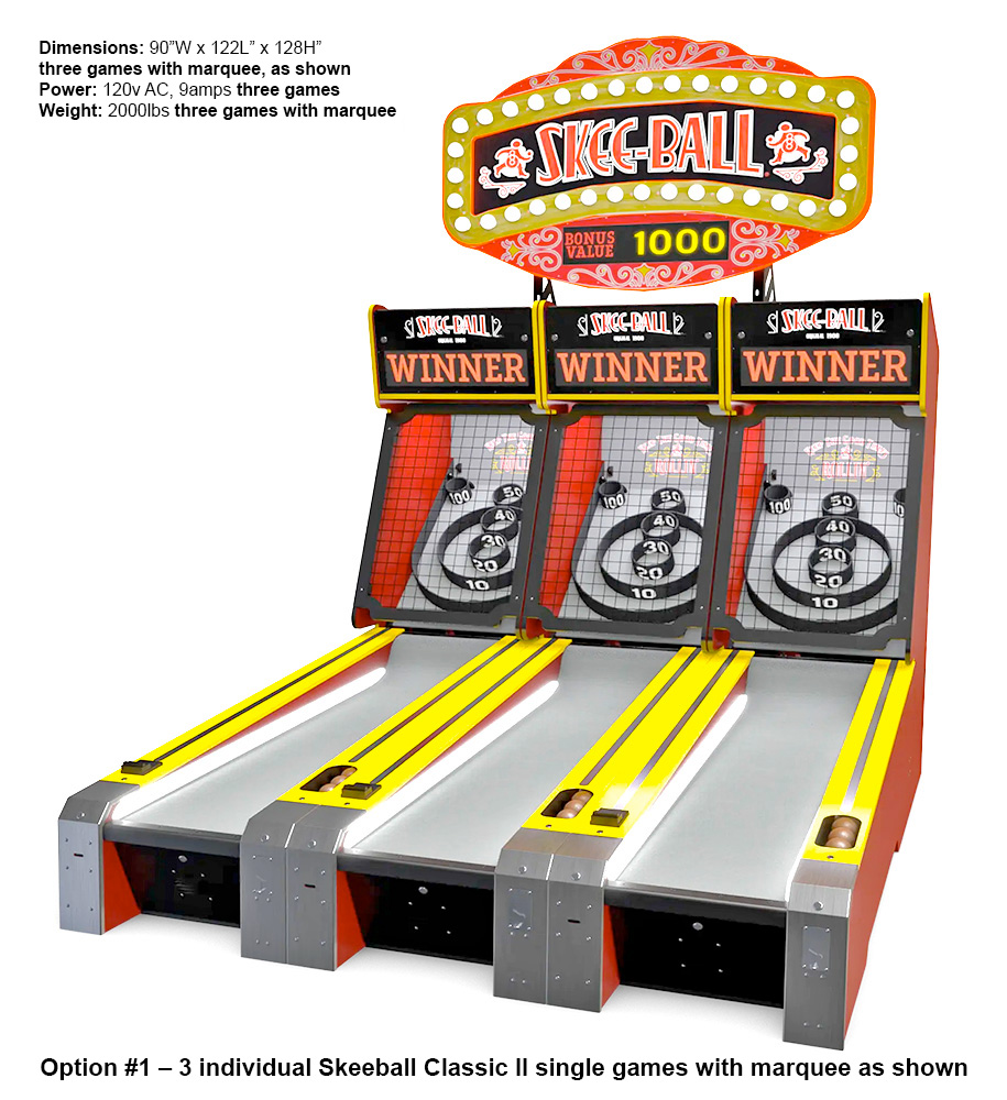 Skee-Ball Classic II 3 three linked games with optional marquee sign delivered from BayTech Games available for rent from Video Amusement San Francisco California